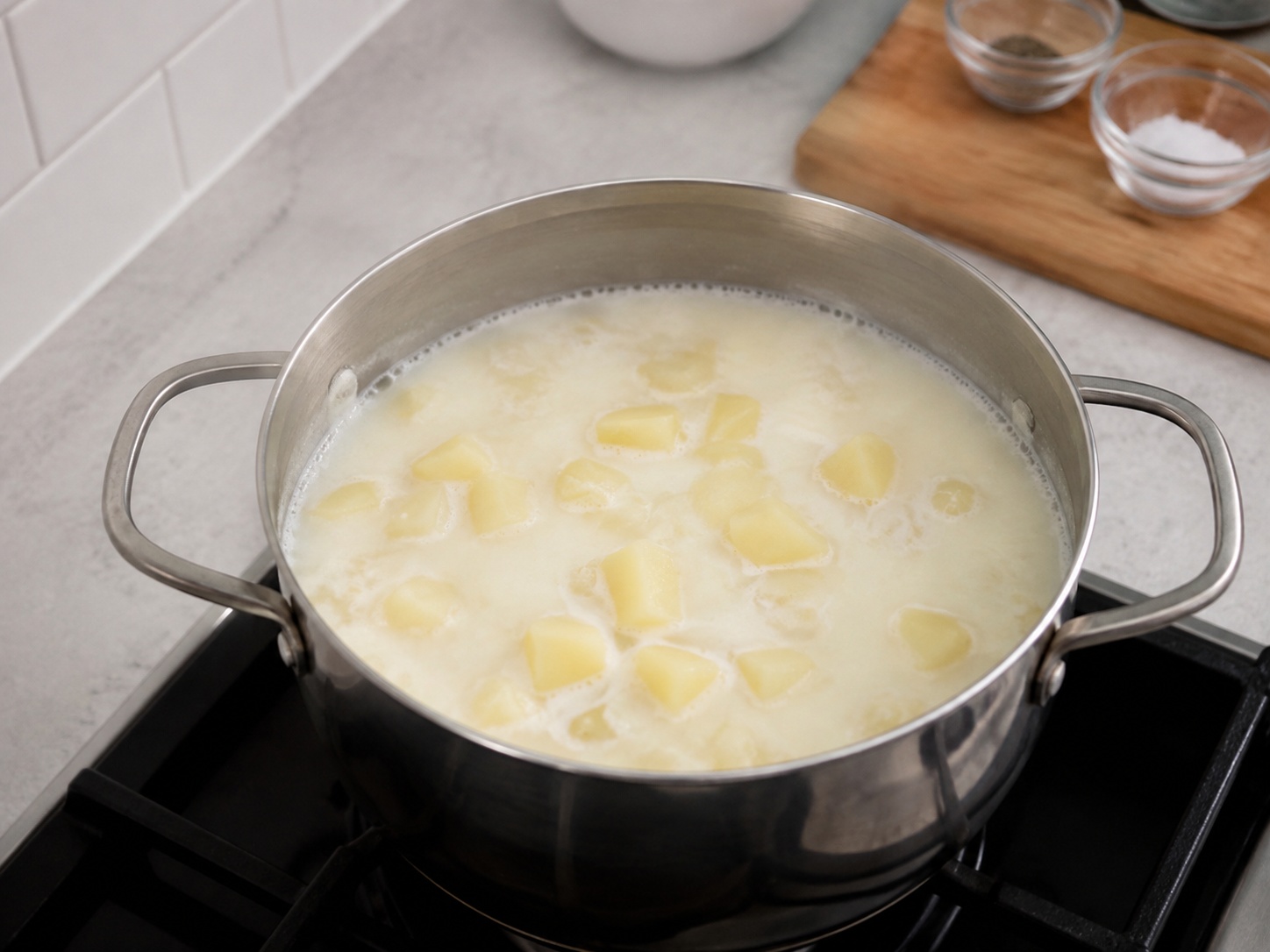 Sup Cullen Skink Haddock Asap Skotlandia — Masak kentang: Masak perlahan 15 menit hingga kentang empuk.