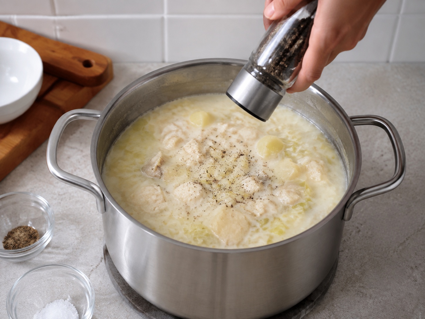 Sup Cullen Skink Haddock Asap Skotlandia — Bumbui sup: Bumbui lada hitam tanpa garam tambahan.