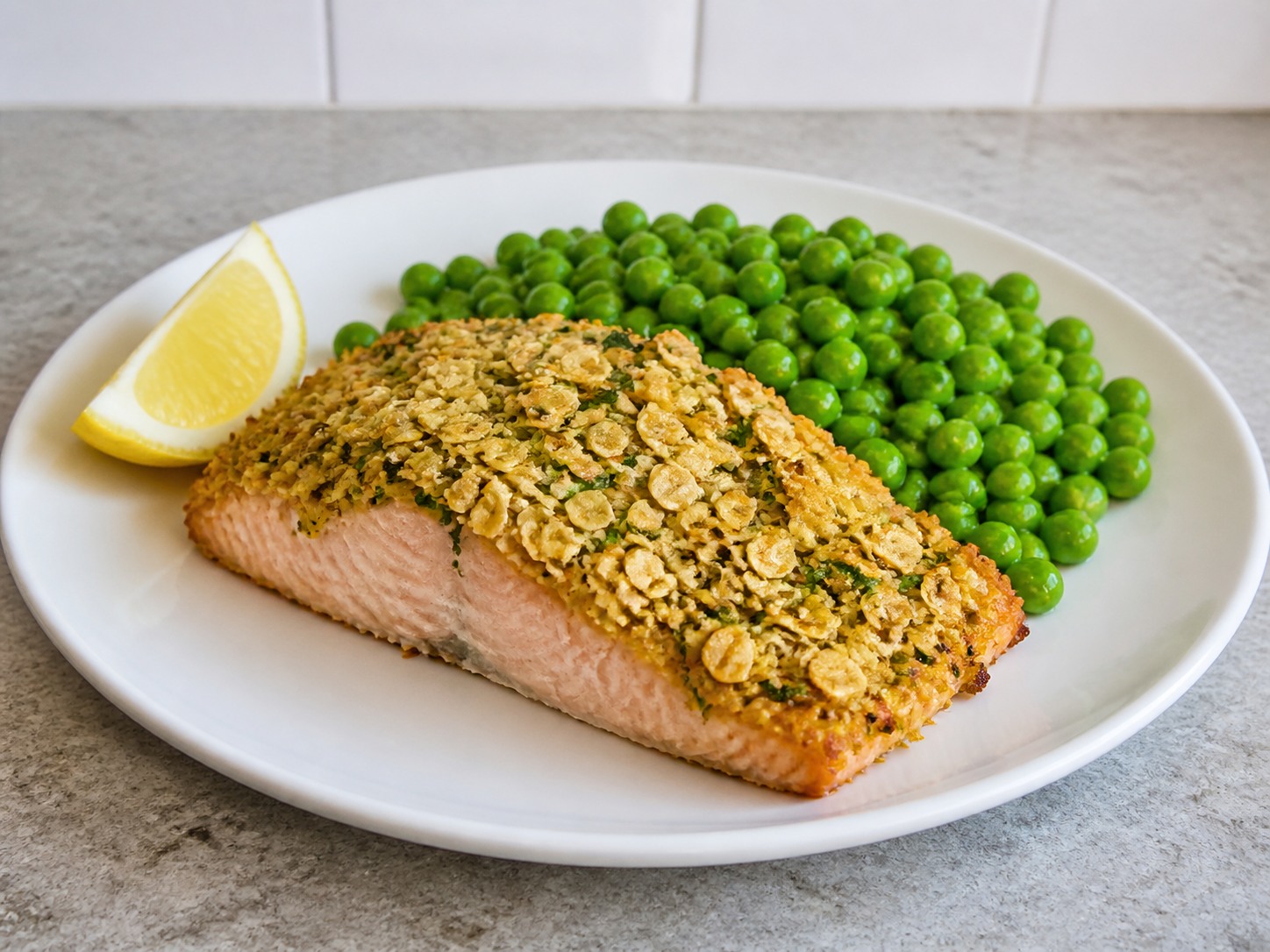 Eskoses na Salmon na may Oat Crust at Gisantes: Inihuhurno ang salmon sa ilalim ng malutong na oat-herb crust at inihahain kasama ng malambot na gisantes.