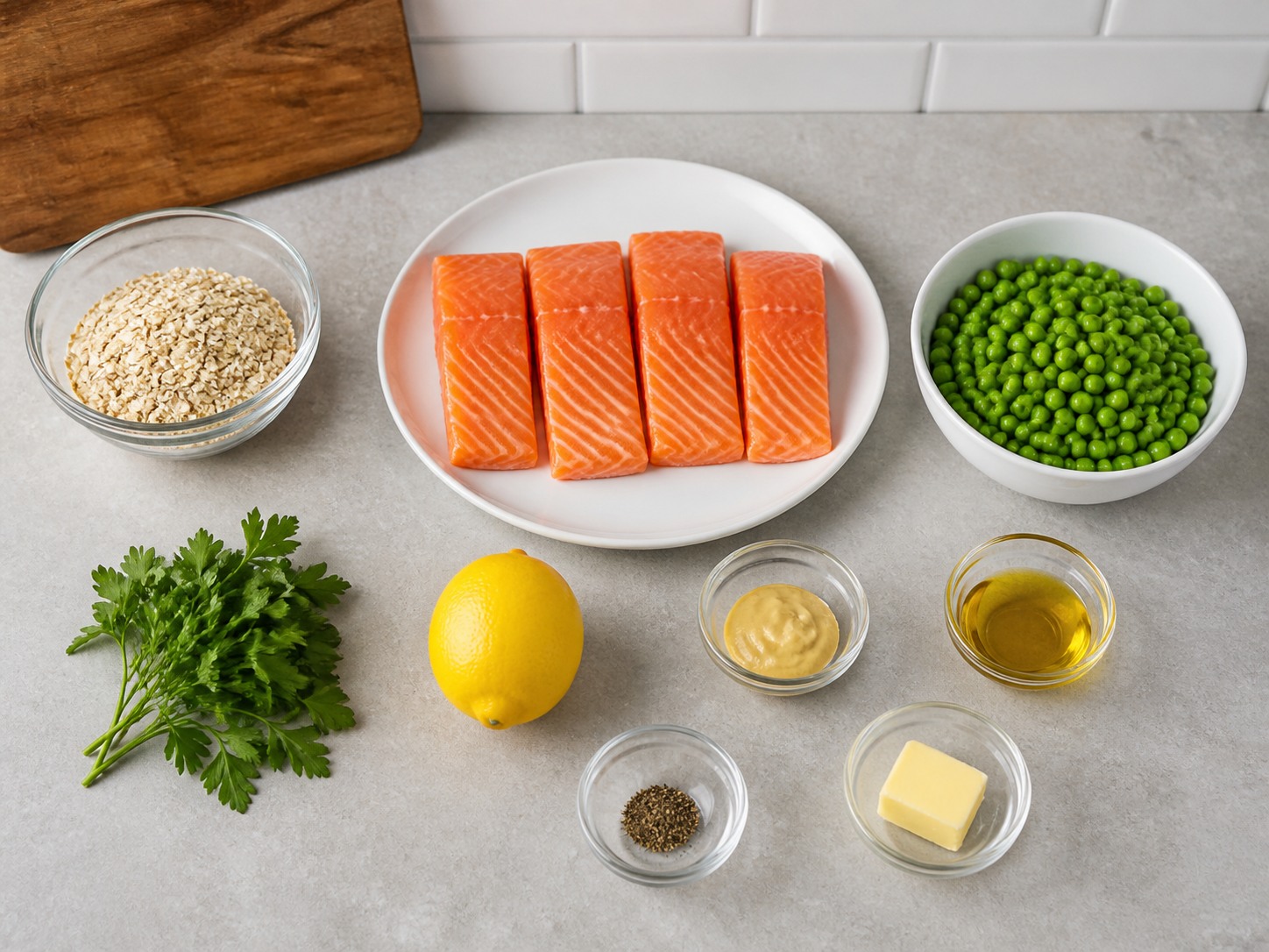 Eskoses na Salmon na may Oat Crust at Gisantes: 600 g salmon fillet, 100 g rolled oats, 20 g parsley, 1 piraso lemon, 1 kutsara Dijon mustard, 2 kutsara olive oil, 400 g nilusaw na berdeng gisantes, 25 g mantikilya, ayon sa panlasa Dinurog na itim na paminta