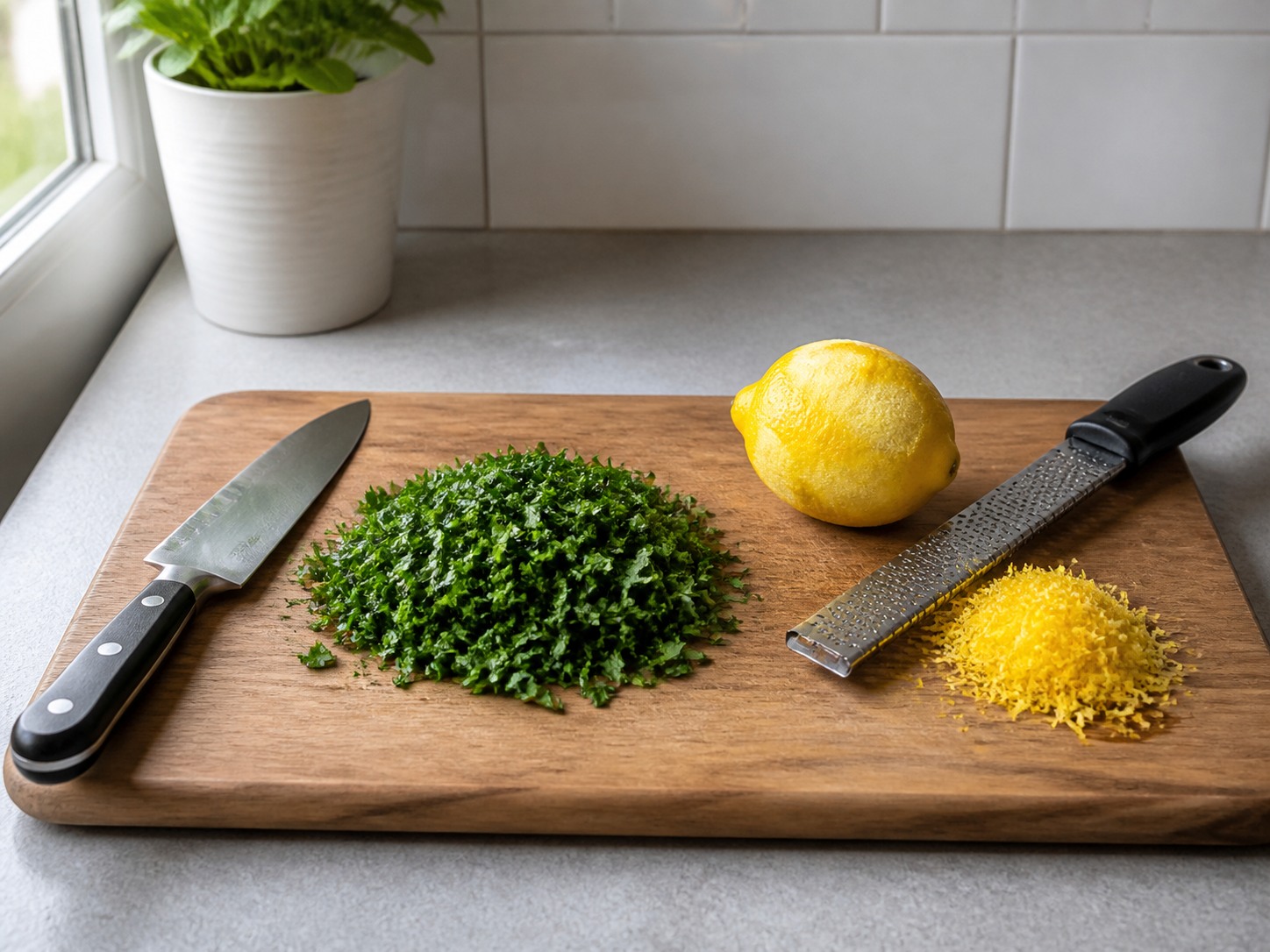 Tadtarin nang pino ang parsley at kudkurin ang balat ng lemon: Tadtarin nang pino ang parsley at kudkurin ang balat ng lemon. Gawin nang maingat, sundin ang init, oras at kalagayan ng sangkap, at tiyakin ang pagkakaluto bago magpatuloy.