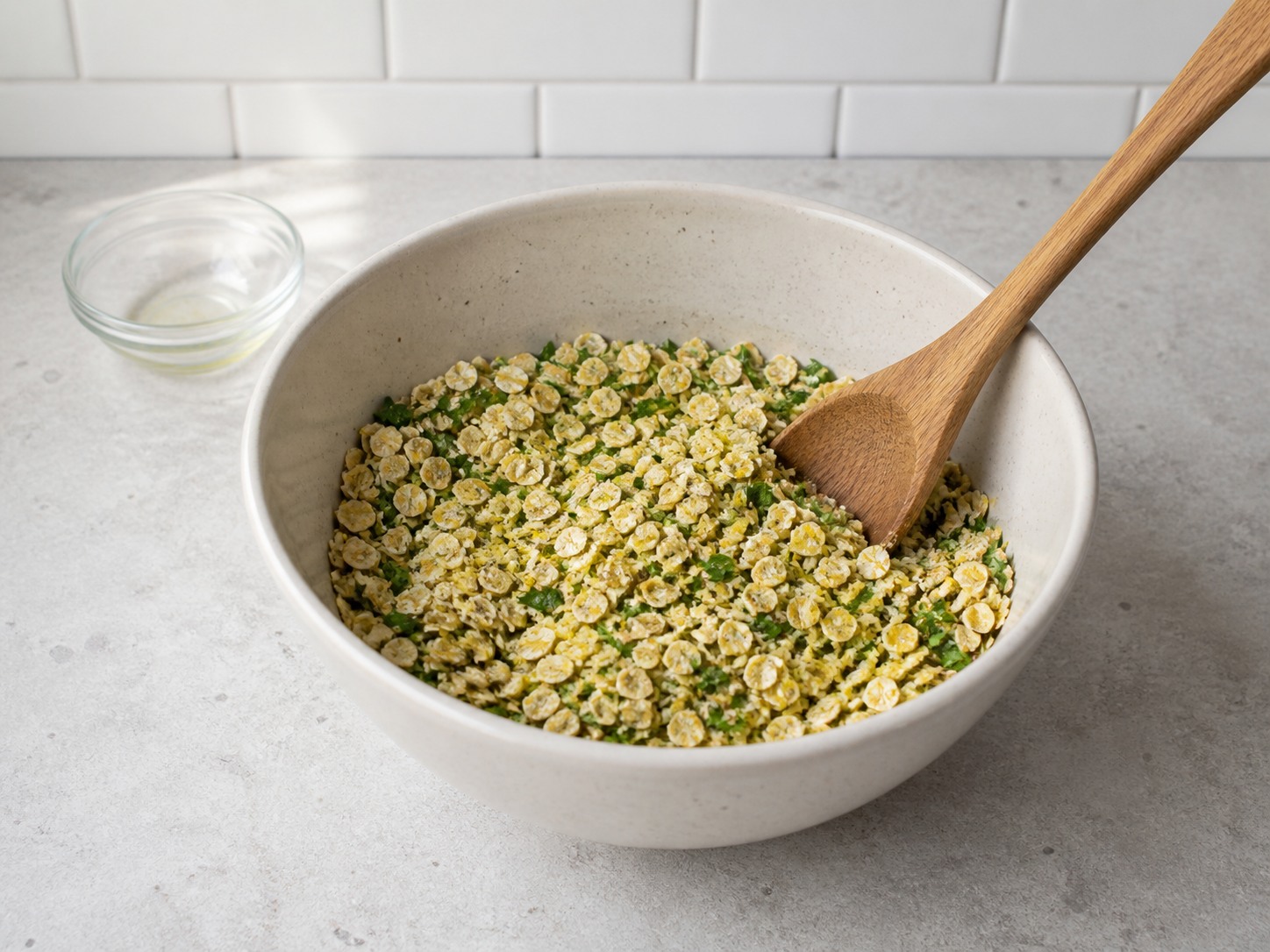 Paghaluin ang oats, parsley, lemon zest, isang kutsarang olive oil at paminta: Paghaluin ang oats, parsley, lemon zest, isang kutsarang olive oil at paminta. Gawin nang maingat, sundin ang init, oras at kalagayan ng sangkap, at tiyakin ang pagkakaluto bago magpatuloy.