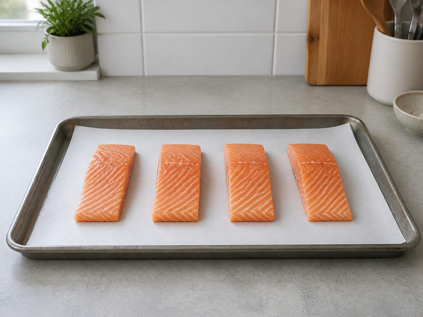 Lagyan ng parchment ang tray at ilagay sa gitna ang salmon: Lagyan ng parchment ang tray at ilagay sa gitna ang salmon. Gawin nang maingat, sundin ang init, oras at kalagayan ng sangkap, at tiyakin ang pagkakaluto bago magpatuloy.