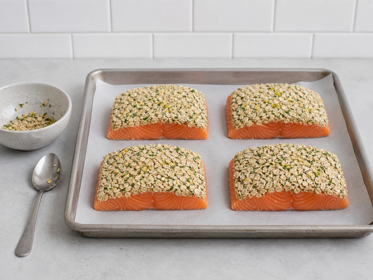 Idiing nang maayos ang oat mixture sa salmon na may mustard: Idiing nang maayos ang oat mixture sa salmon na may mustard. Gawin nang maingat, sundin ang init, oras at kalagayan ng sangkap, at tiyakin ang pagkakaluto bago magpatuloy.