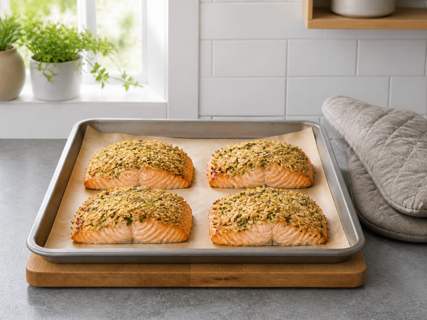 Pahingahin ang baked salmon nang 3 minuto bago ilipat: Pahingahin ang baked salmon nang 3 minuto bago ilipat. Gawin nang maingat, sundin ang init, oras at kalagayan ng sangkap, at tiyakin ang pagkakaluto bago magpatuloy.