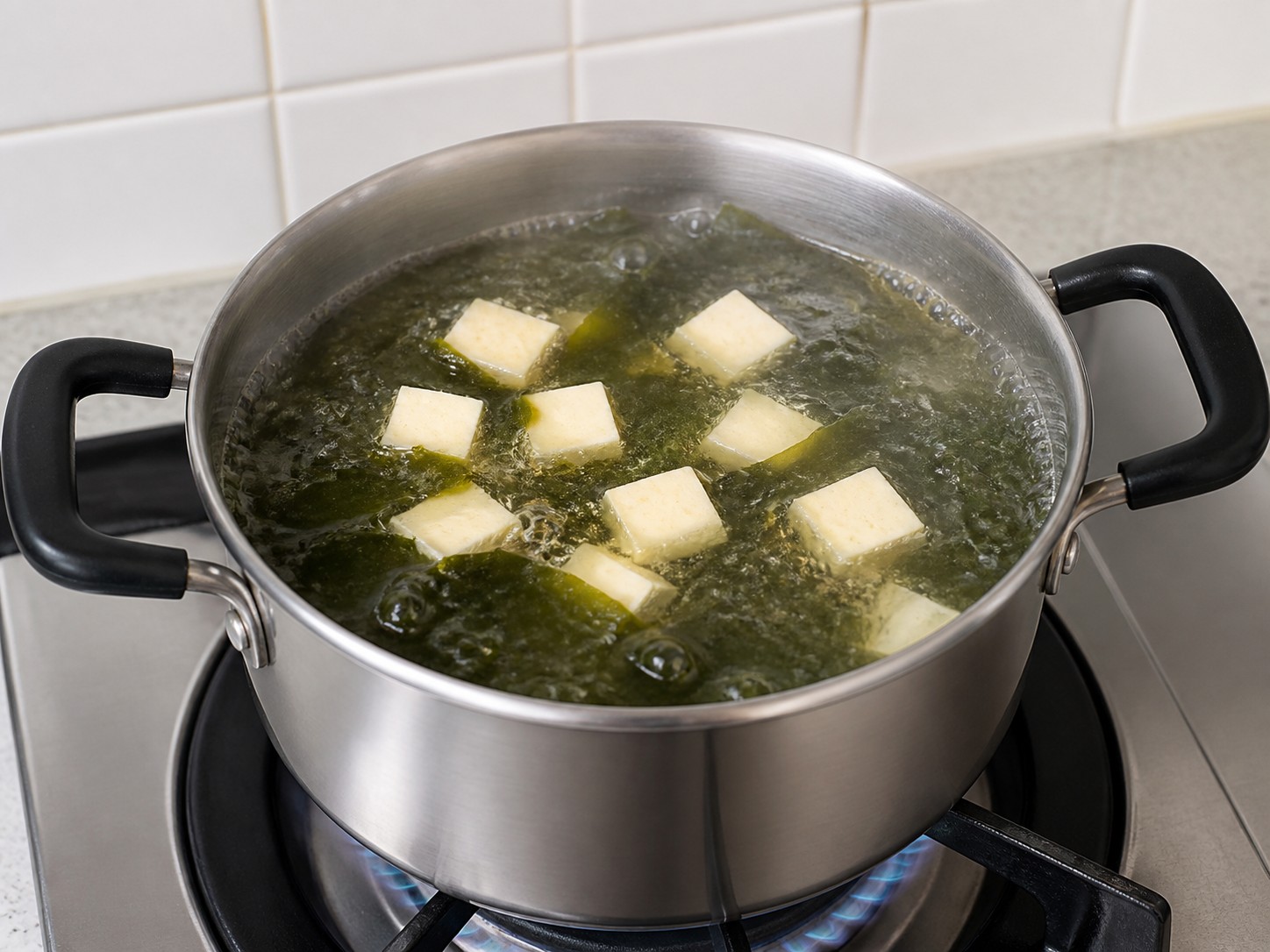 Sup Rumput Laut, Tahu, dan Telur — langkah 7: Masak tahu perlahan