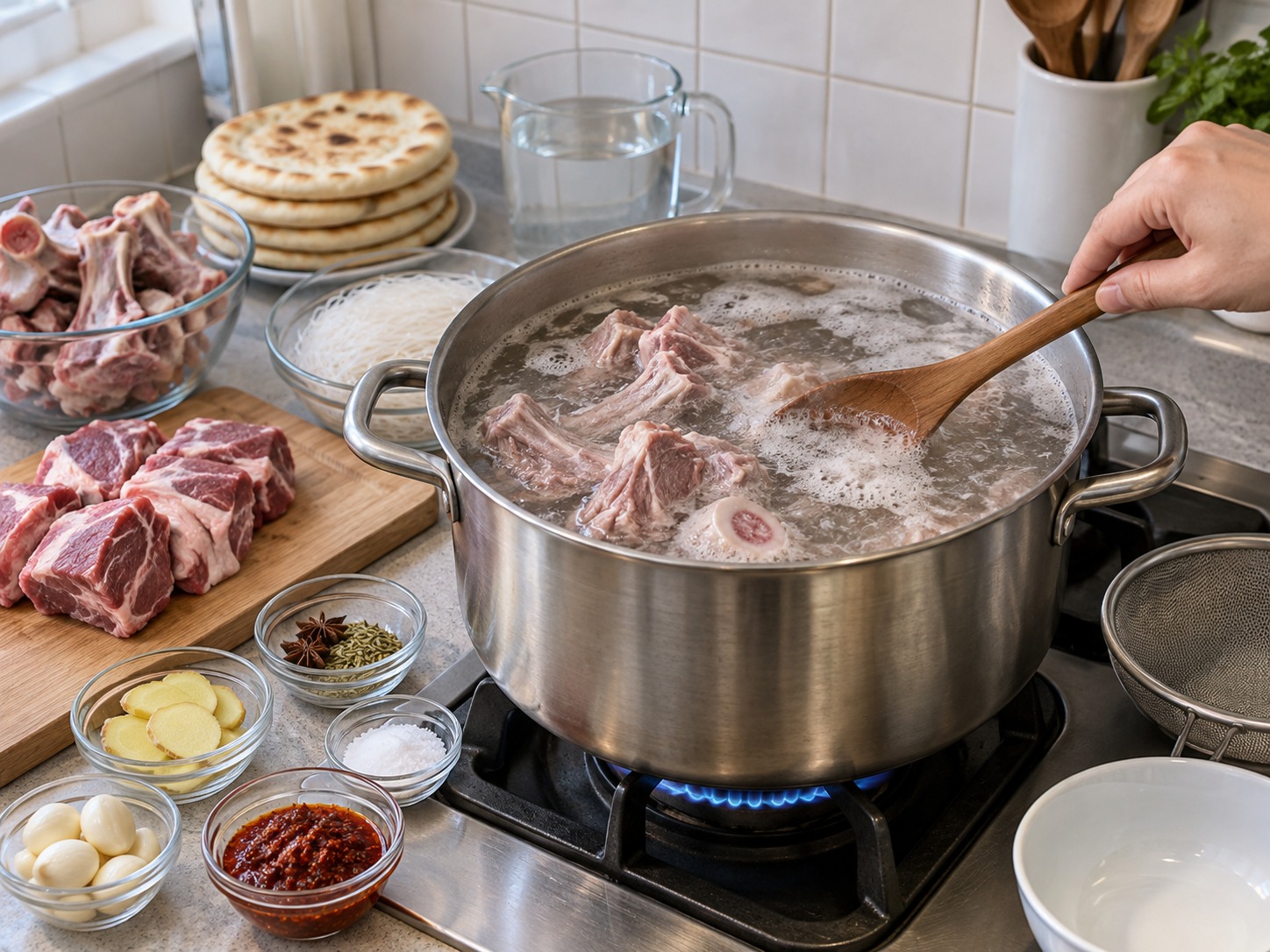 陝西羊肉泡饃 — 羊骨和羊肩肉冷水下鍋，煮滾汆水五分鐘