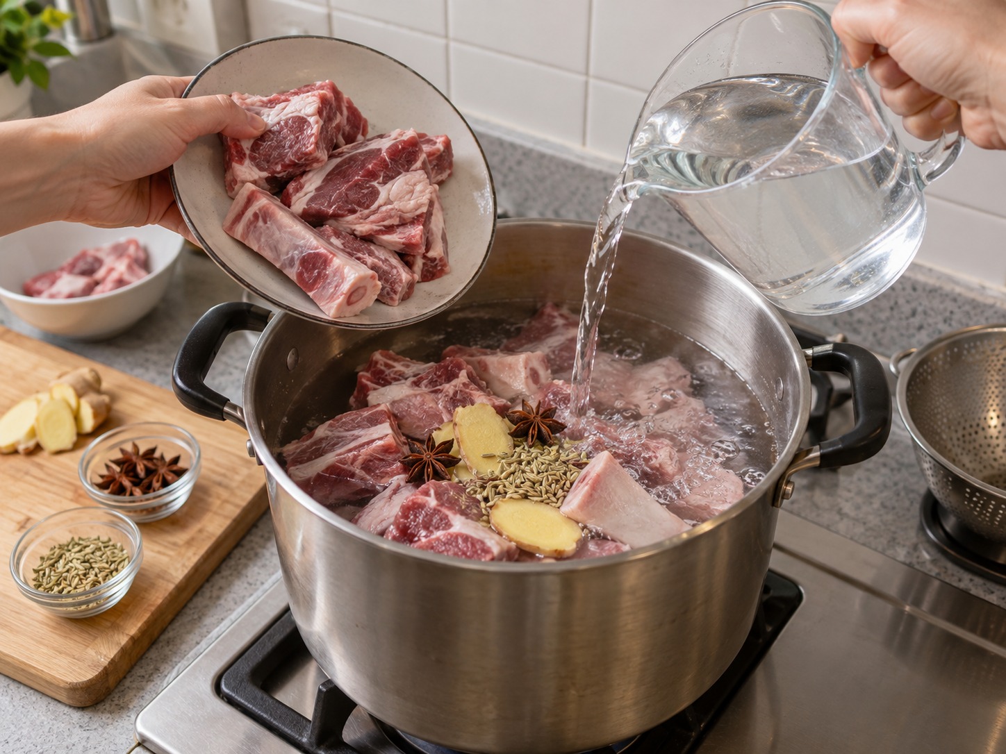 陝西羊肉泡饃 — 羊骨、羊肉、薑、八角和小茴香加入三公升清水