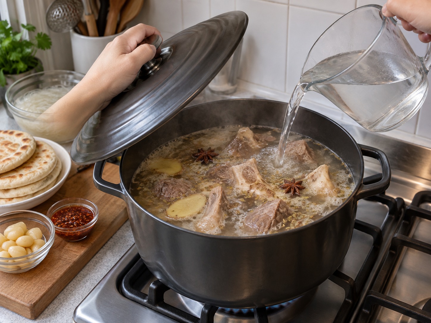 陝西羊肉泡饃 — 加蓋留縫煮兩小時，期間以餘下最多五百毫升熱水補充