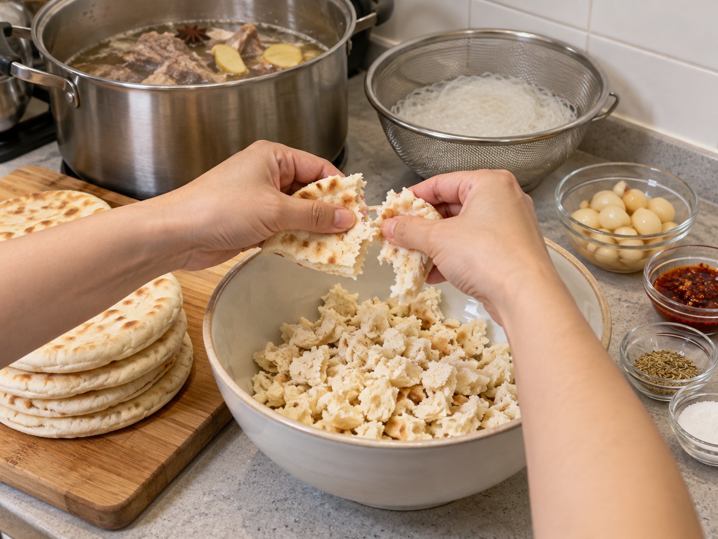 陝西羊肉泡饃 — 白吉饃用手擘成黃豆大小碎塊