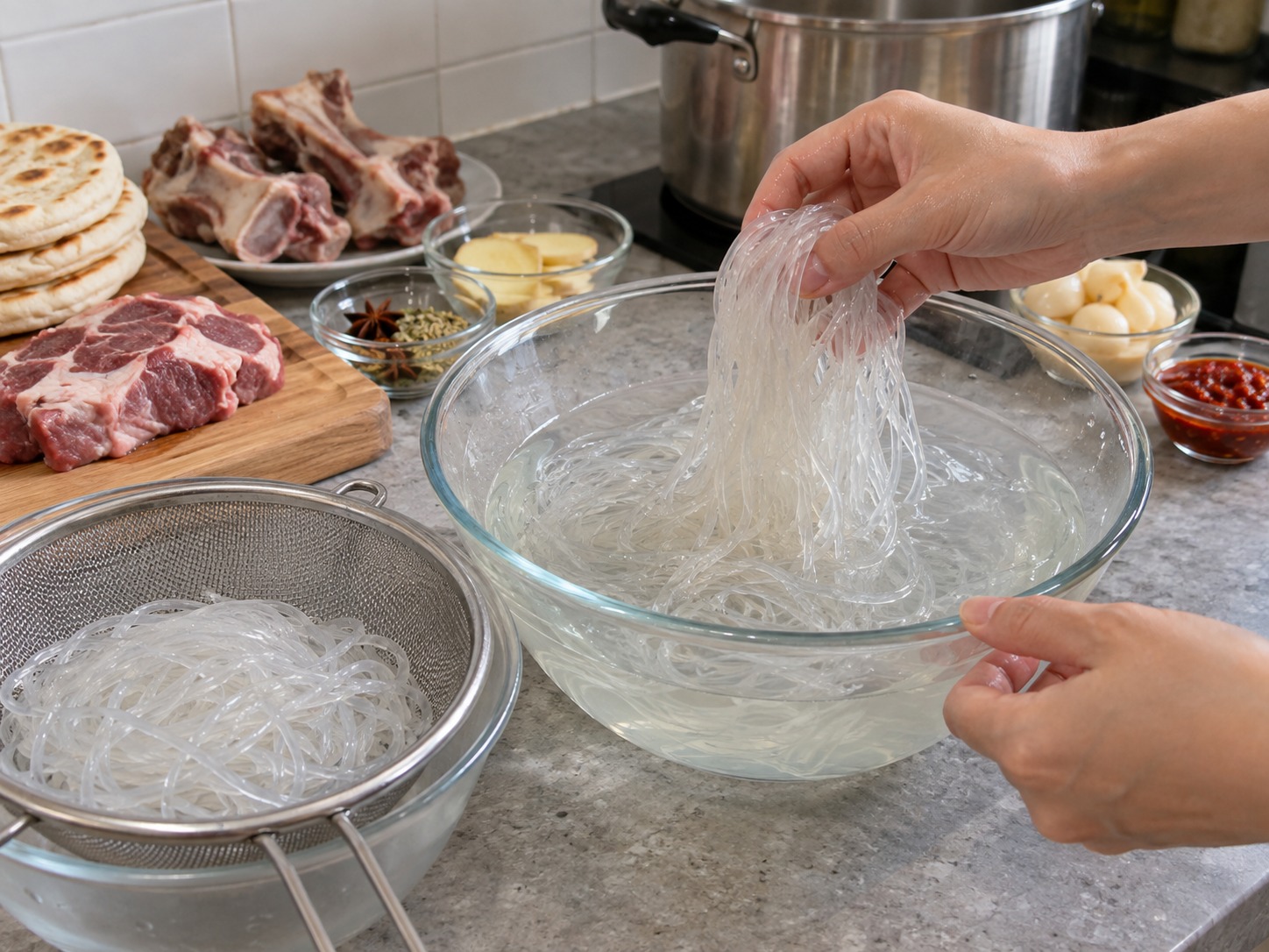 陝西羊肉泡饃 — 粉絲浸冷水至柔軟，瀝乾