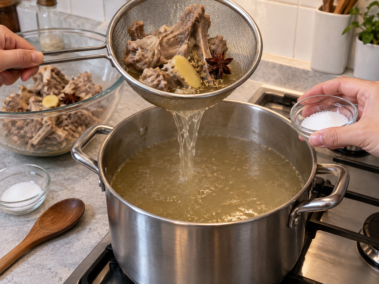 陝西羊肉泡饃 — 羊湯隔走骨和香料，倒回淨鍋並加鹽