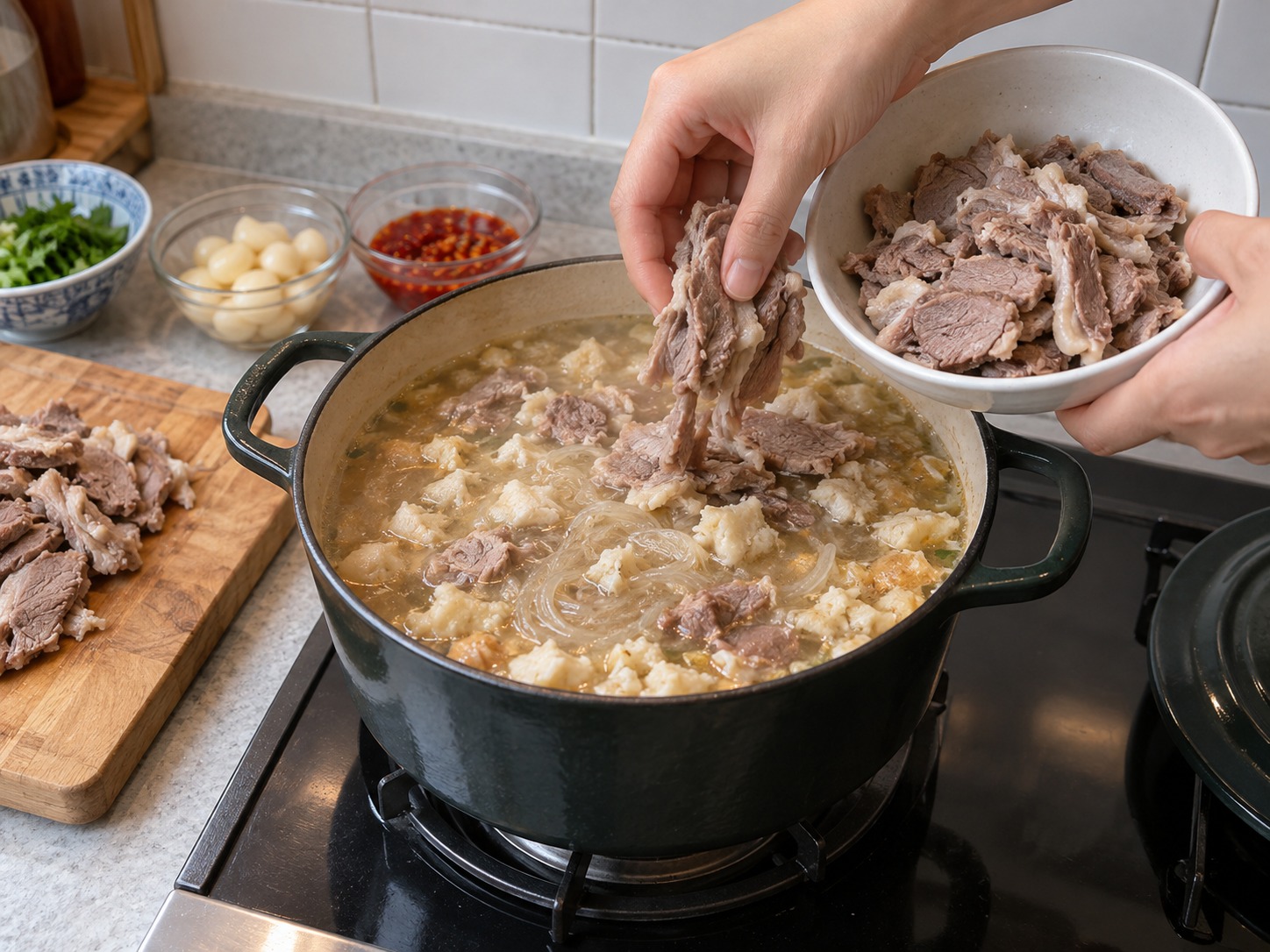 陝西羊肉泡饃 — 加入羊肉片再煮一分鐘至全熱