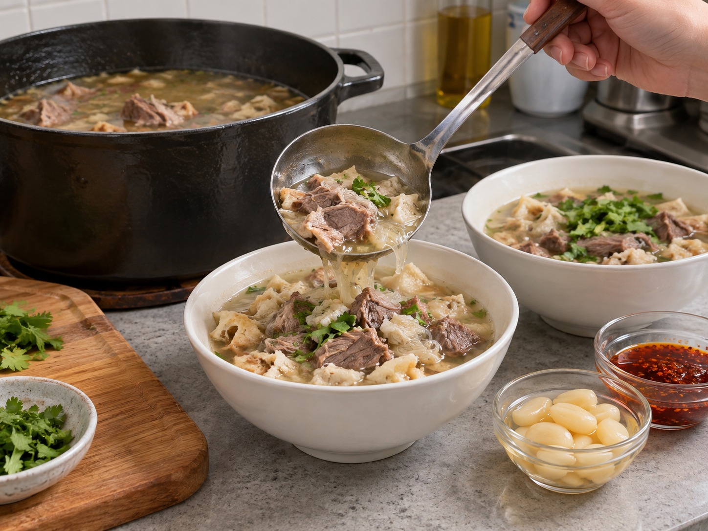 陝西羊肉泡饃 — 連濃湯盛碗，另配糖蒜和辣醬上桌