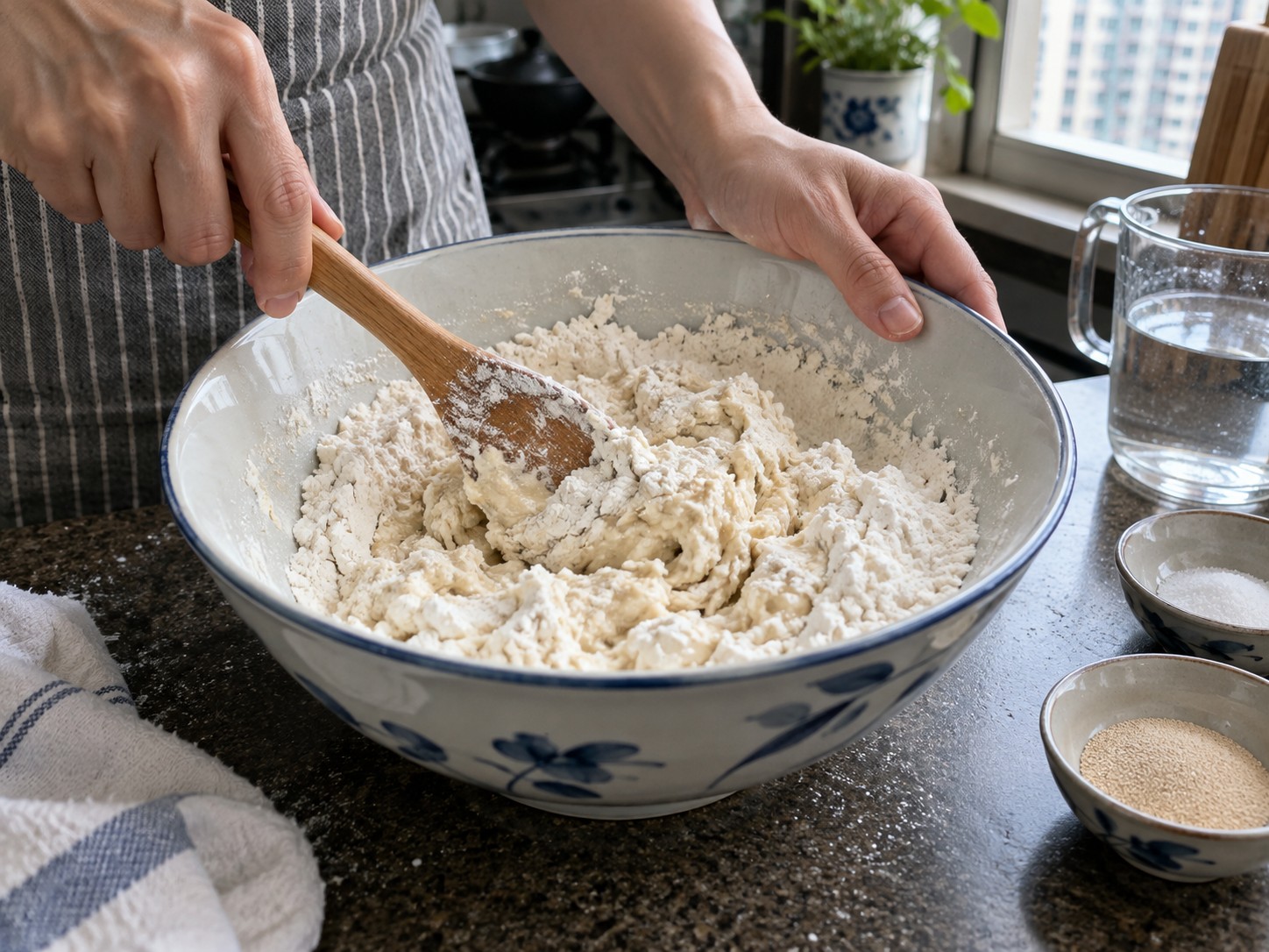 陝西肉夾饃 — 1. 麵粉、酵母、鹽、溫水和食油拌成軟麵團。