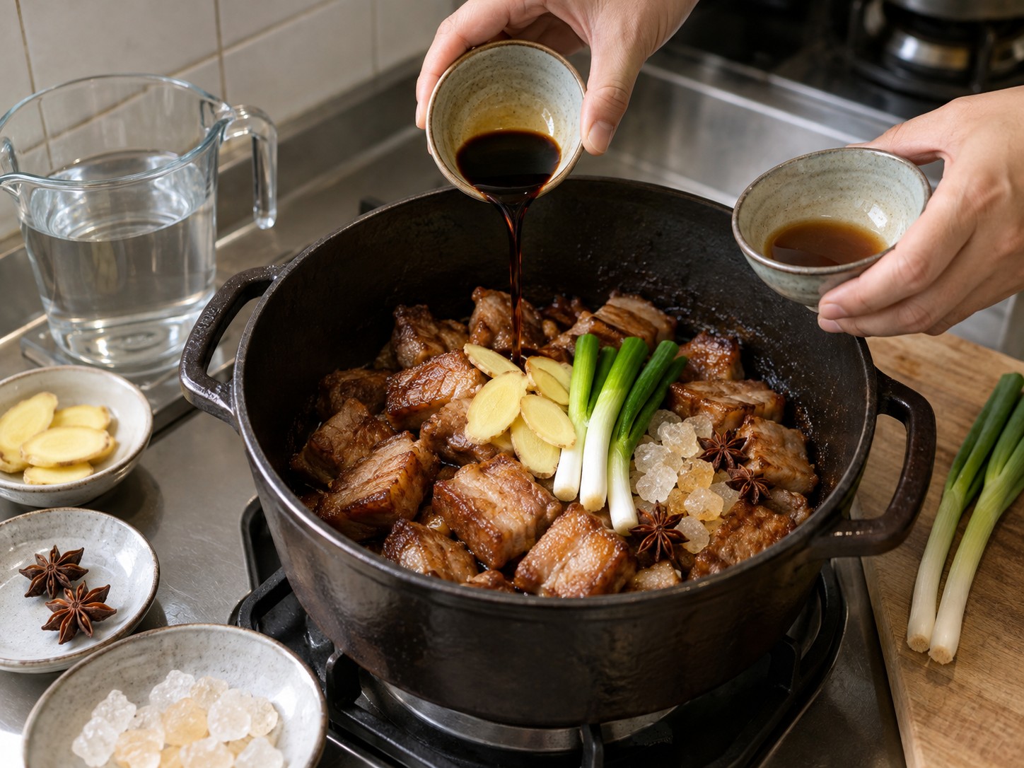 陝西肉夾饃 — 5. 加入薑、蔥、生抽、老抽、冰糖、八角和清水。