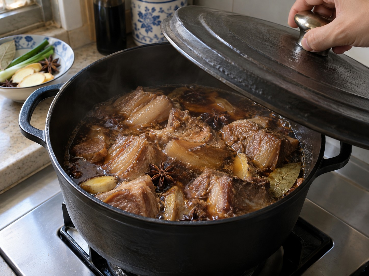 陝西肉夾饃 — 6. 煮至微滾後加蓋,小火炆75至90分鐘。