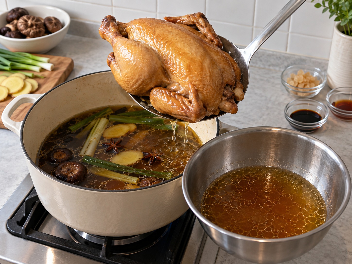 山東德州扒雞 — 取出雞隻，倒去多餘油脂但保留鍋中薄油