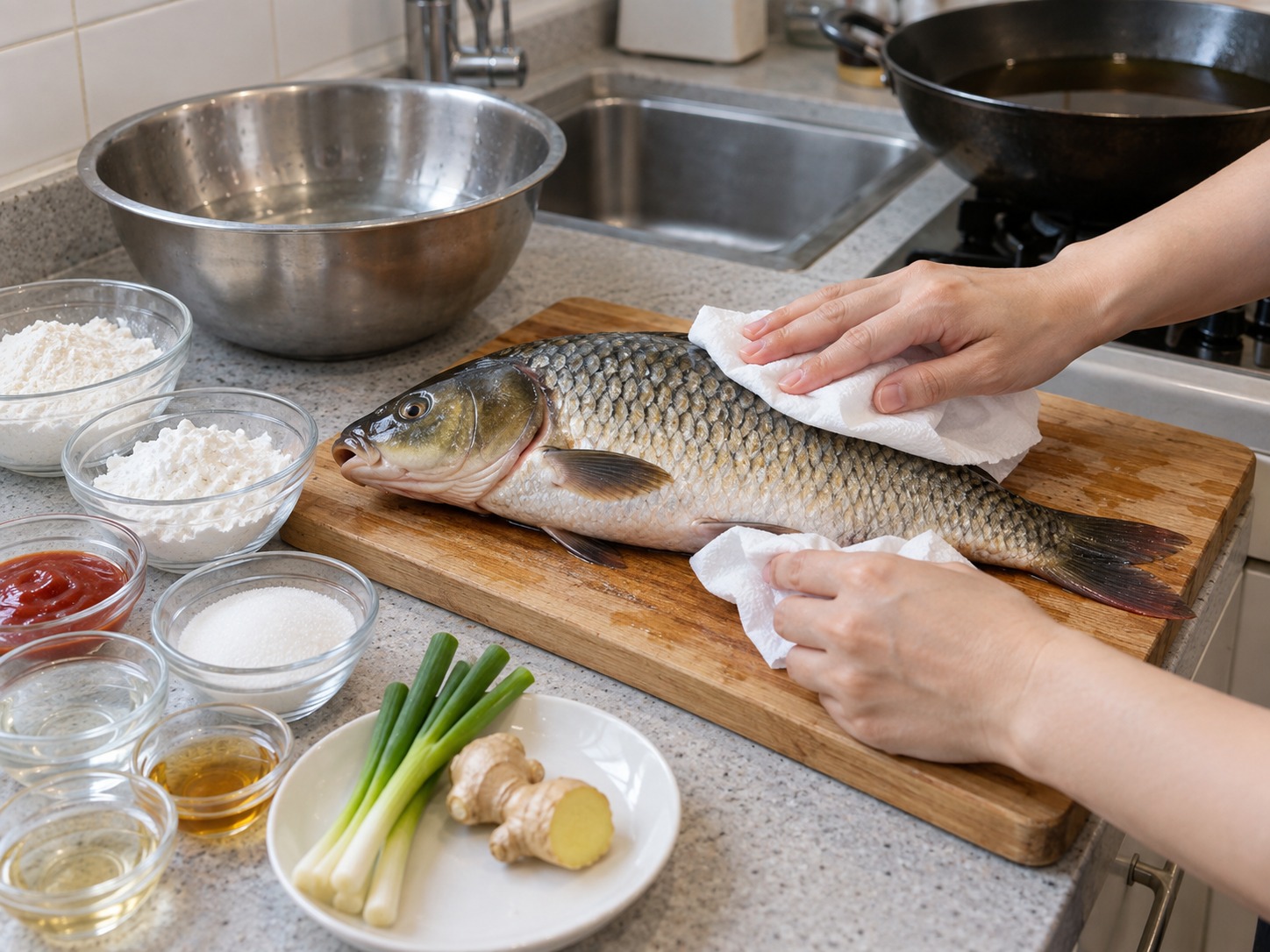 山東糖醋鯉魚 — 鯉魚去鱗去內臟後洗淨抹乾
