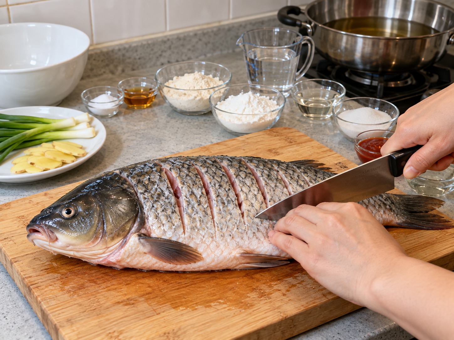 山東糖醋鯉魚 — 魚身兩面每隔兩厘米斜切深刀