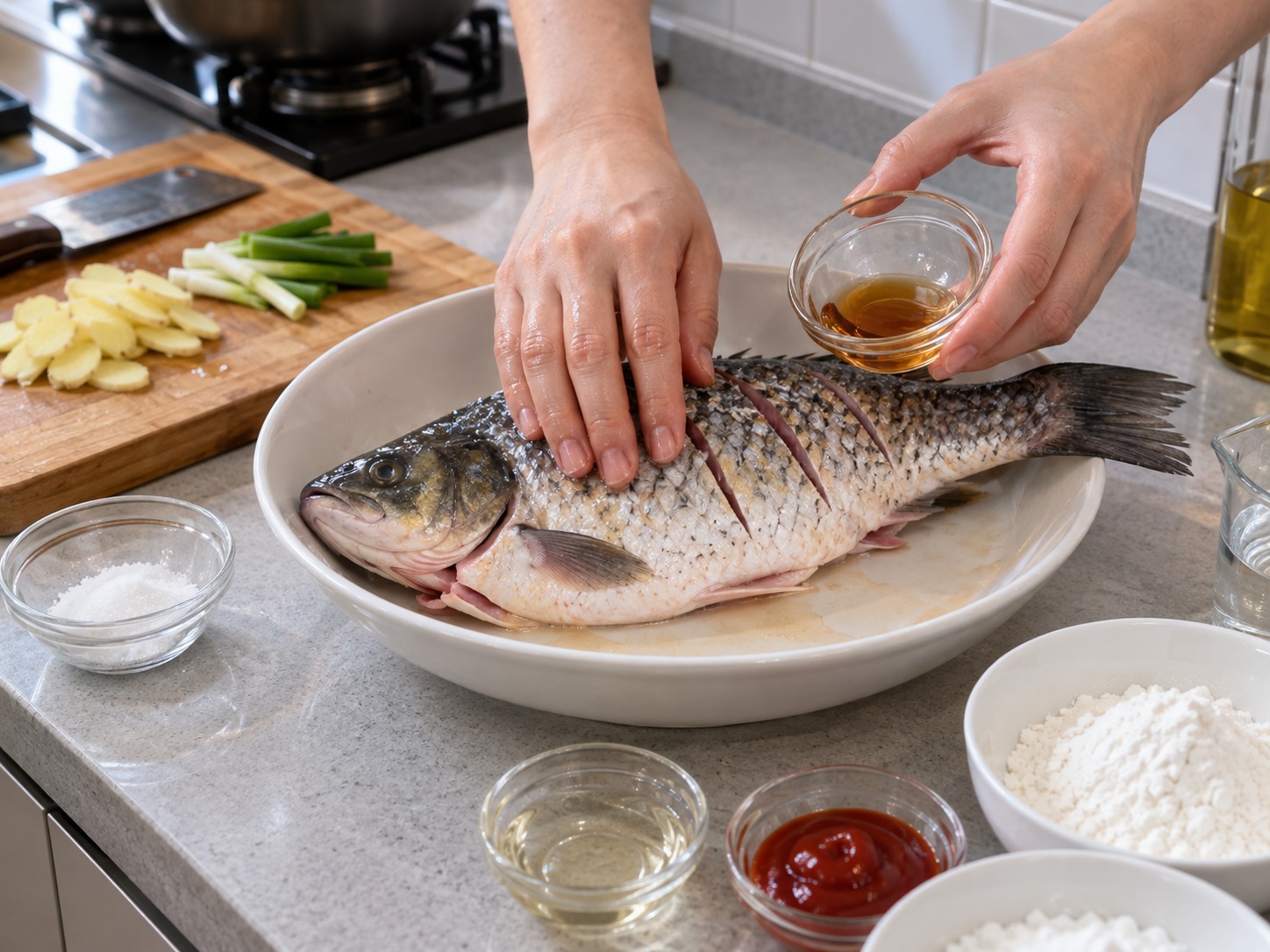 山東糖醋鯉魚 — 魚身抹鹽和紹興酒醃十分鐘
