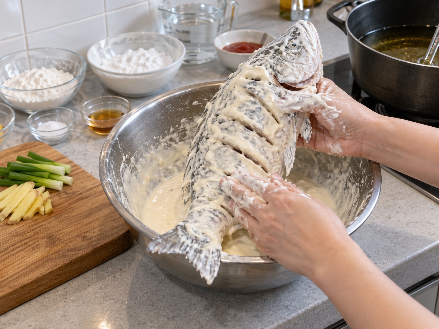 山東糖醋鯉魚 — 把粉漿塗入每道切口及全條魚身