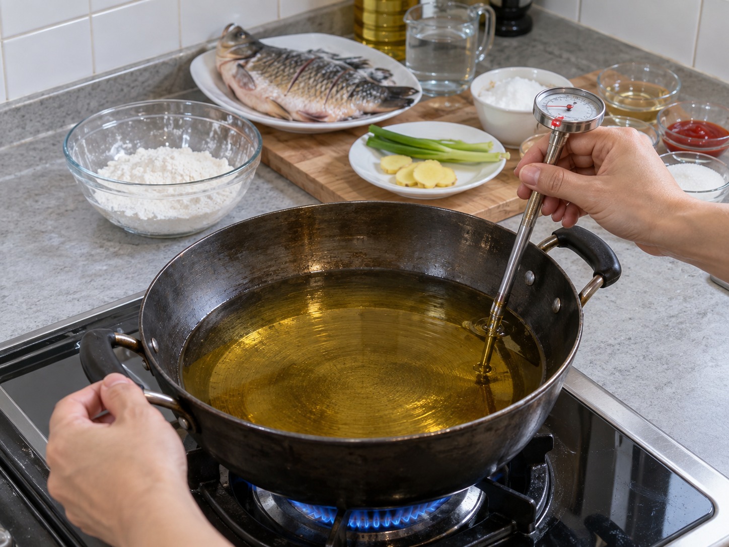 山東糖醋鯉魚 — 深鍋食油加熱至170°C