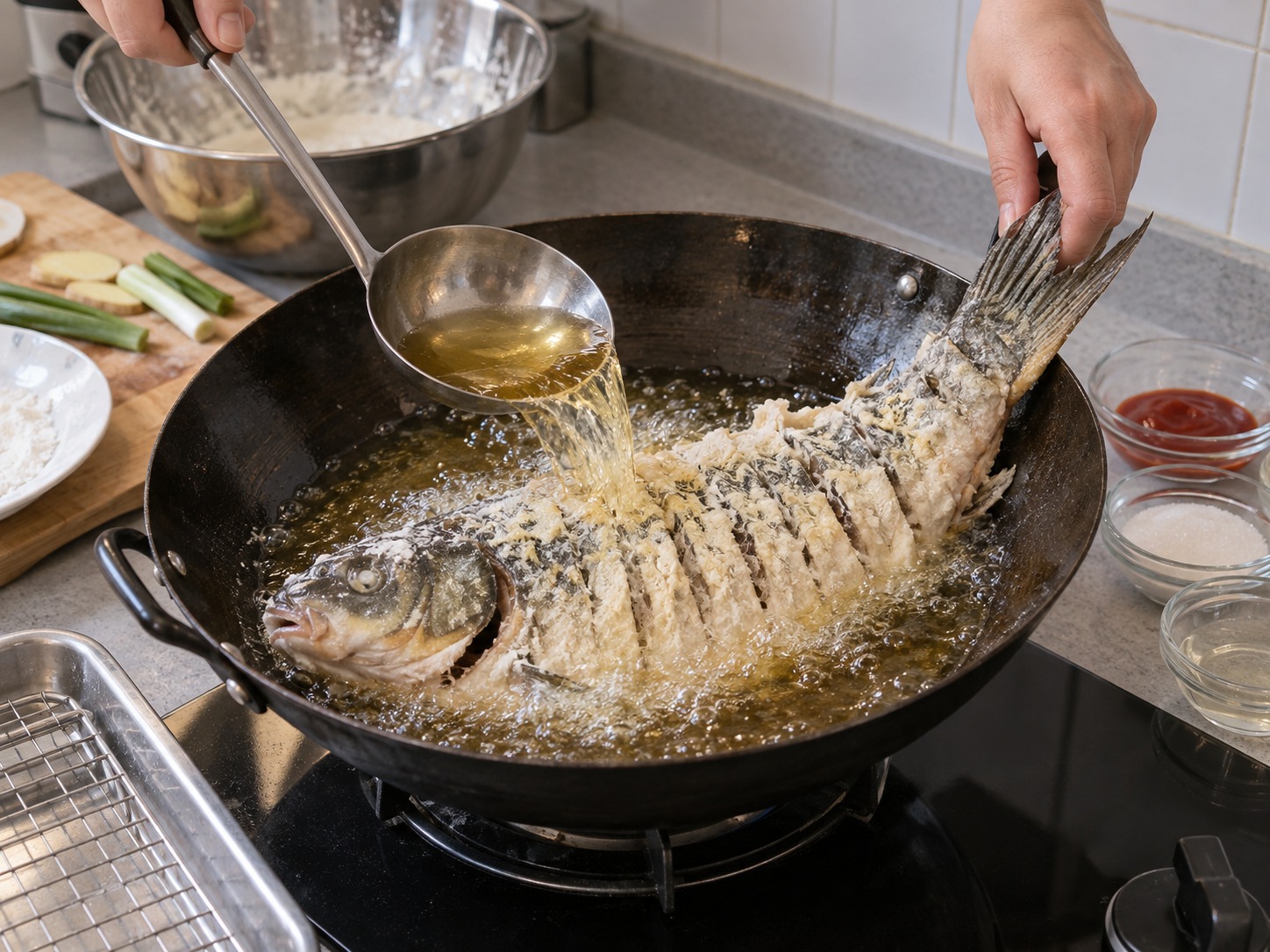 山東糖醋鯉魚 — 提起魚尾，以熱油淋魚身令切口張開