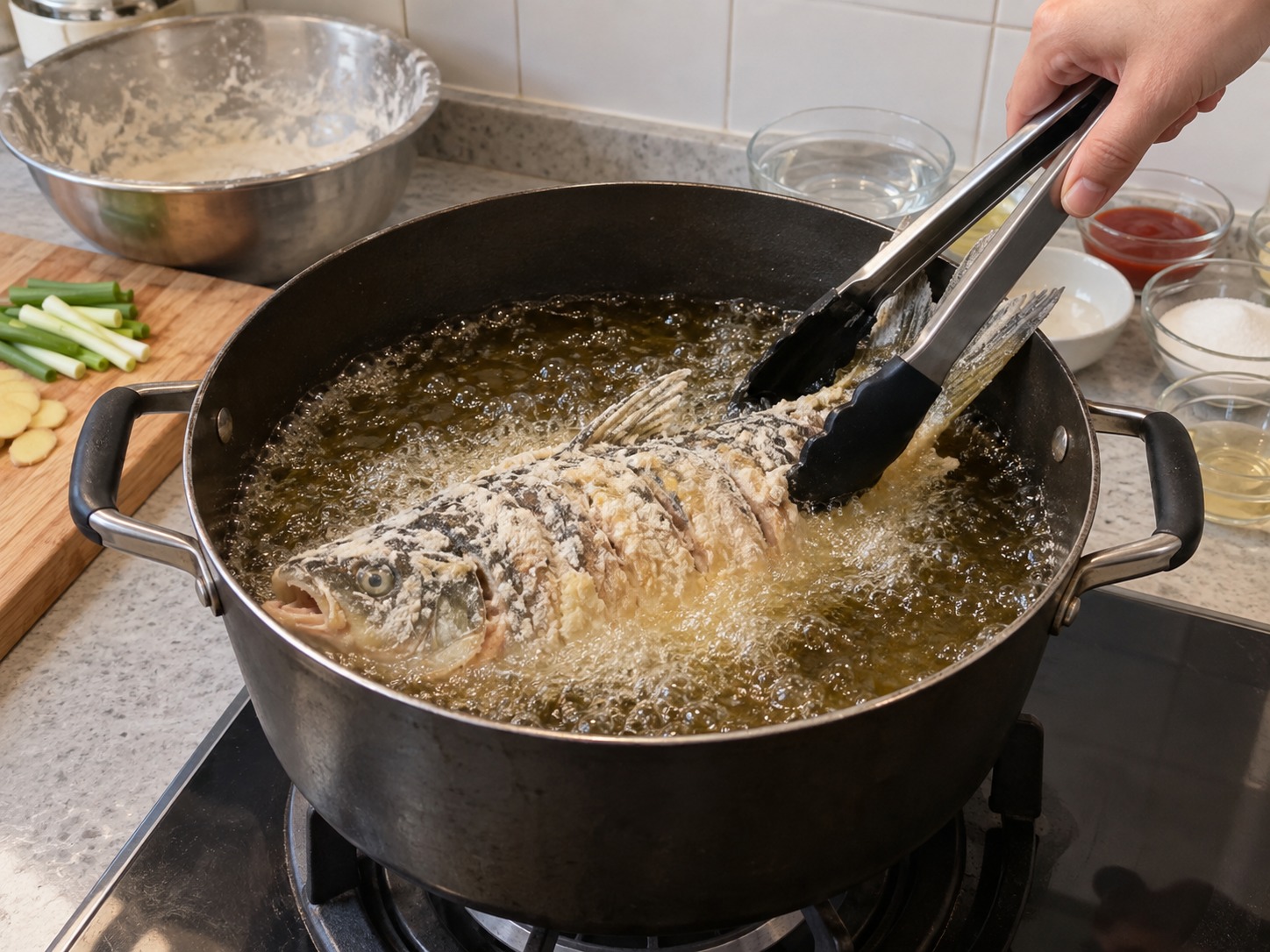 山東糖醋鯉魚 — 小心放入全魚炸八至十分鐘
