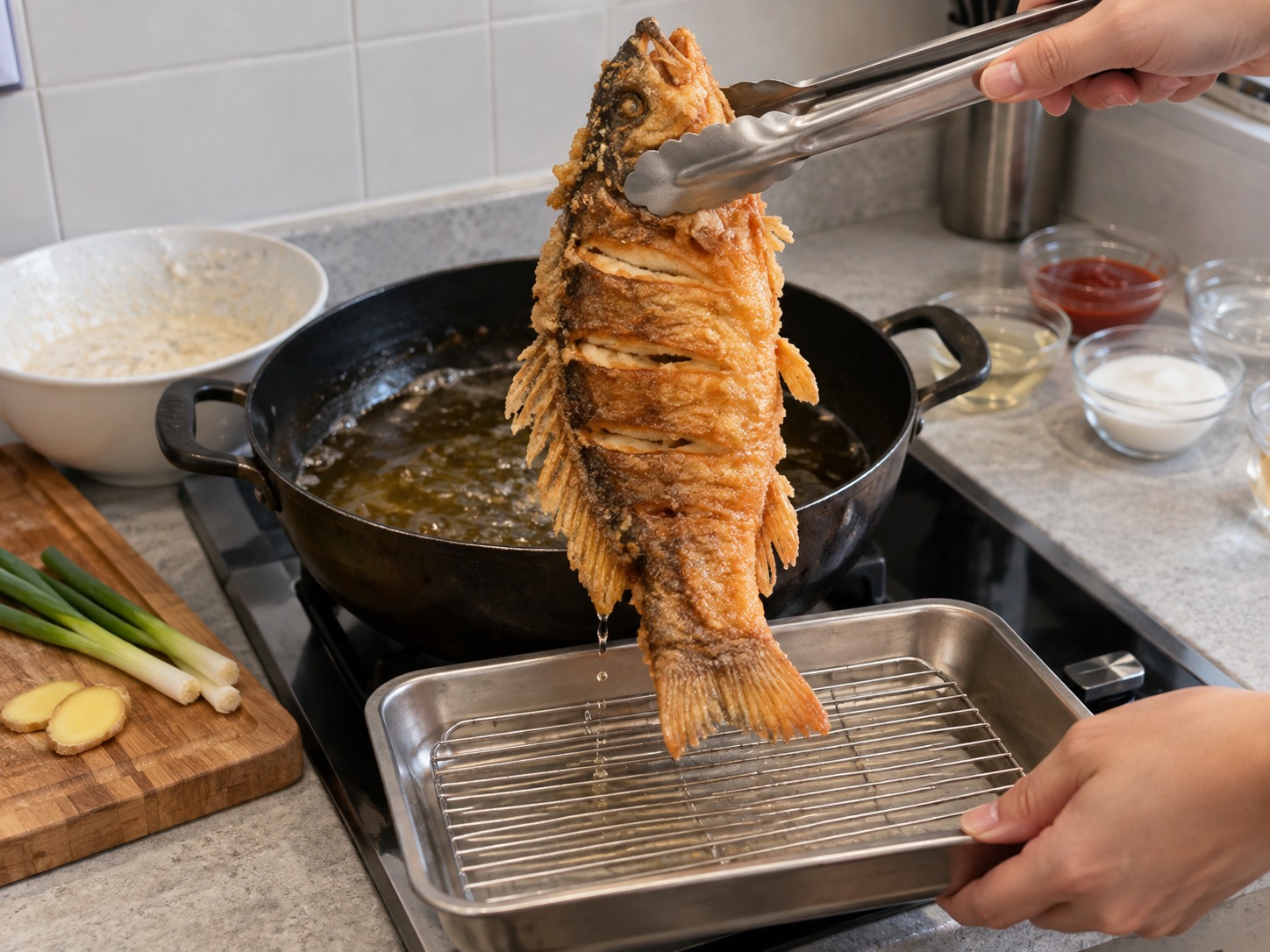 山東糖醋鯉魚 — 魚身挺起金黃後撈起瀝油