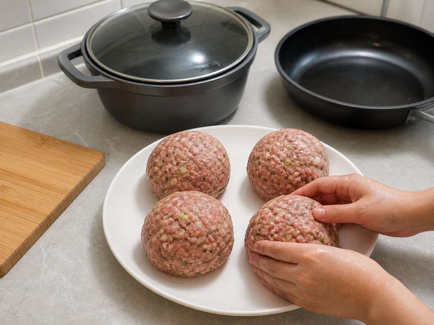Shanghai Braised Lion's Head Pork Meatballs: Shape four meatballs