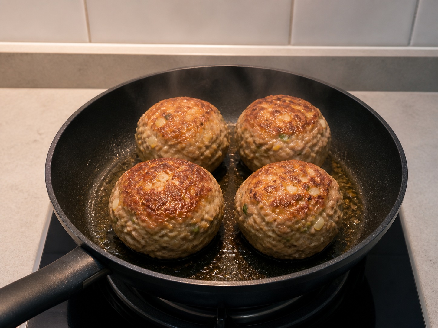 Shanghai Braised Lion's Head Pork Meatballs: Sear the meatballs