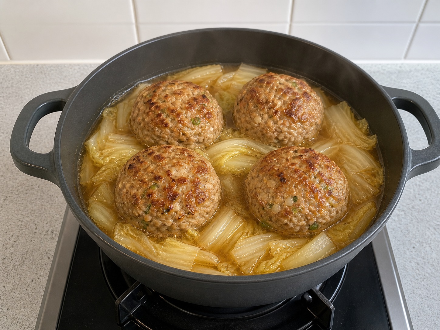 Shanghai Braised Lion's Head Pork Meatballs: Assemble the braise