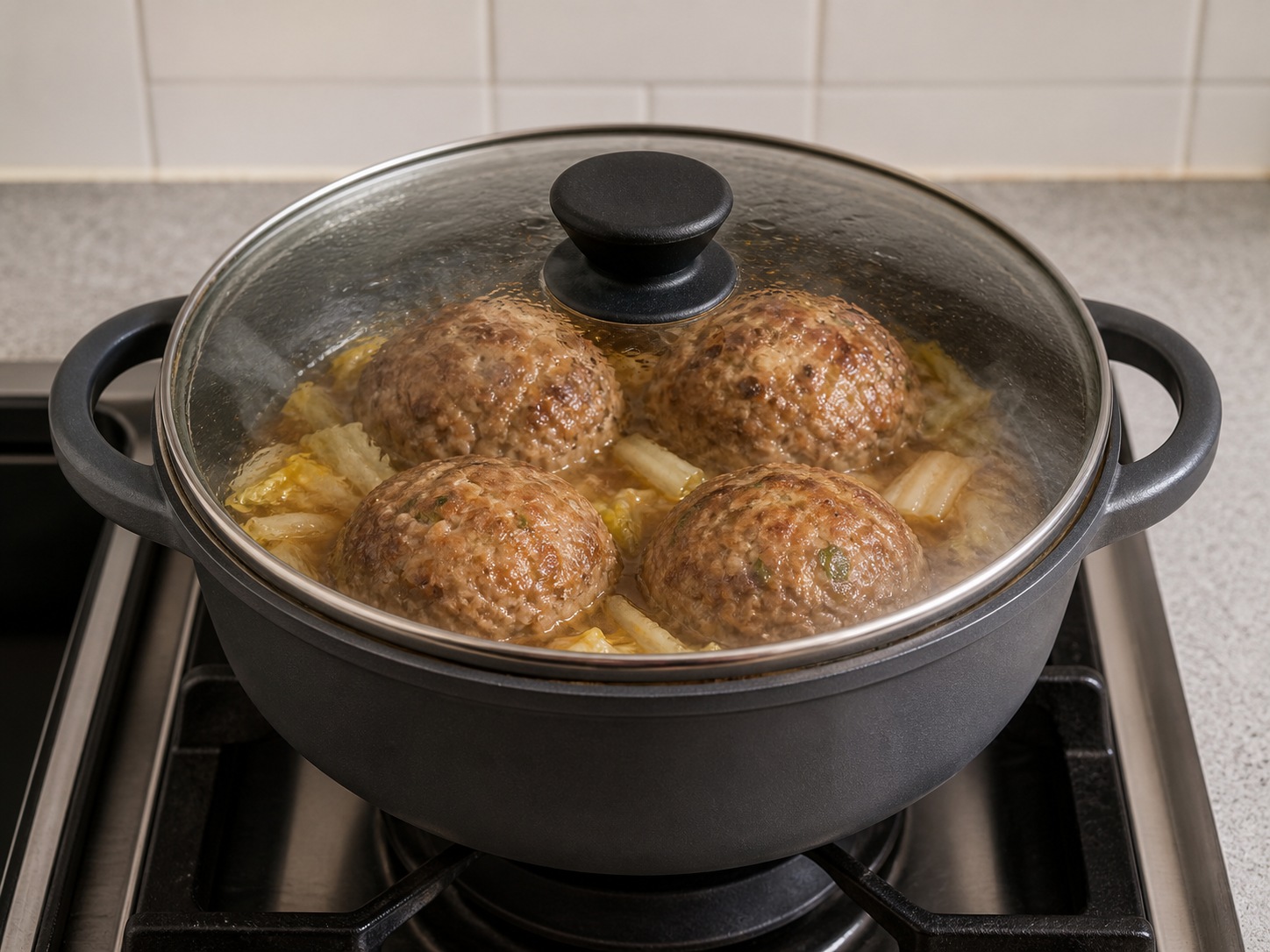Shanghai Braised Lion's Head Pork Meatballs: Braise covered