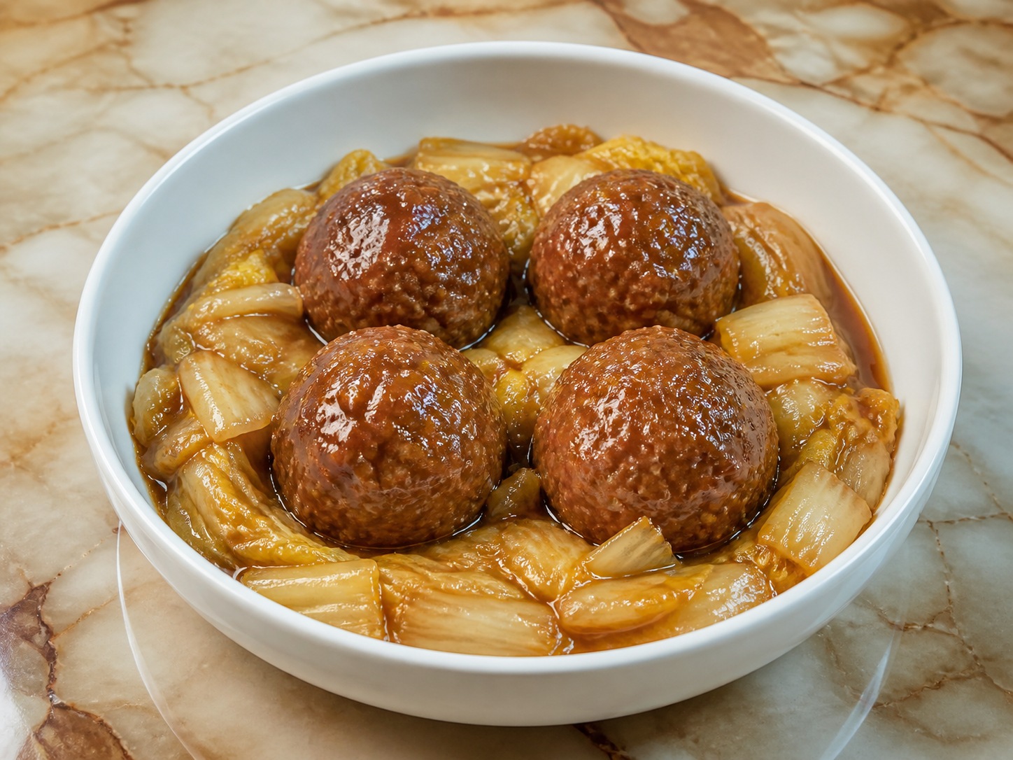Shanghai Braised Lion's Head Pork Meatballs: Serve with cabbage