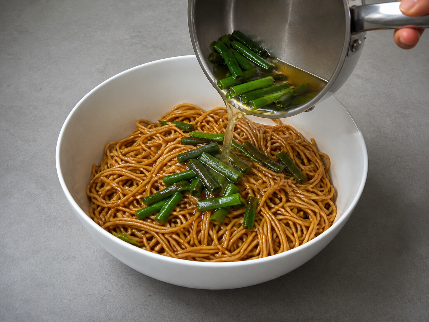 Shanghai Scallion Oil Noodles with Shredded Chicken — Add remaining scallion oil