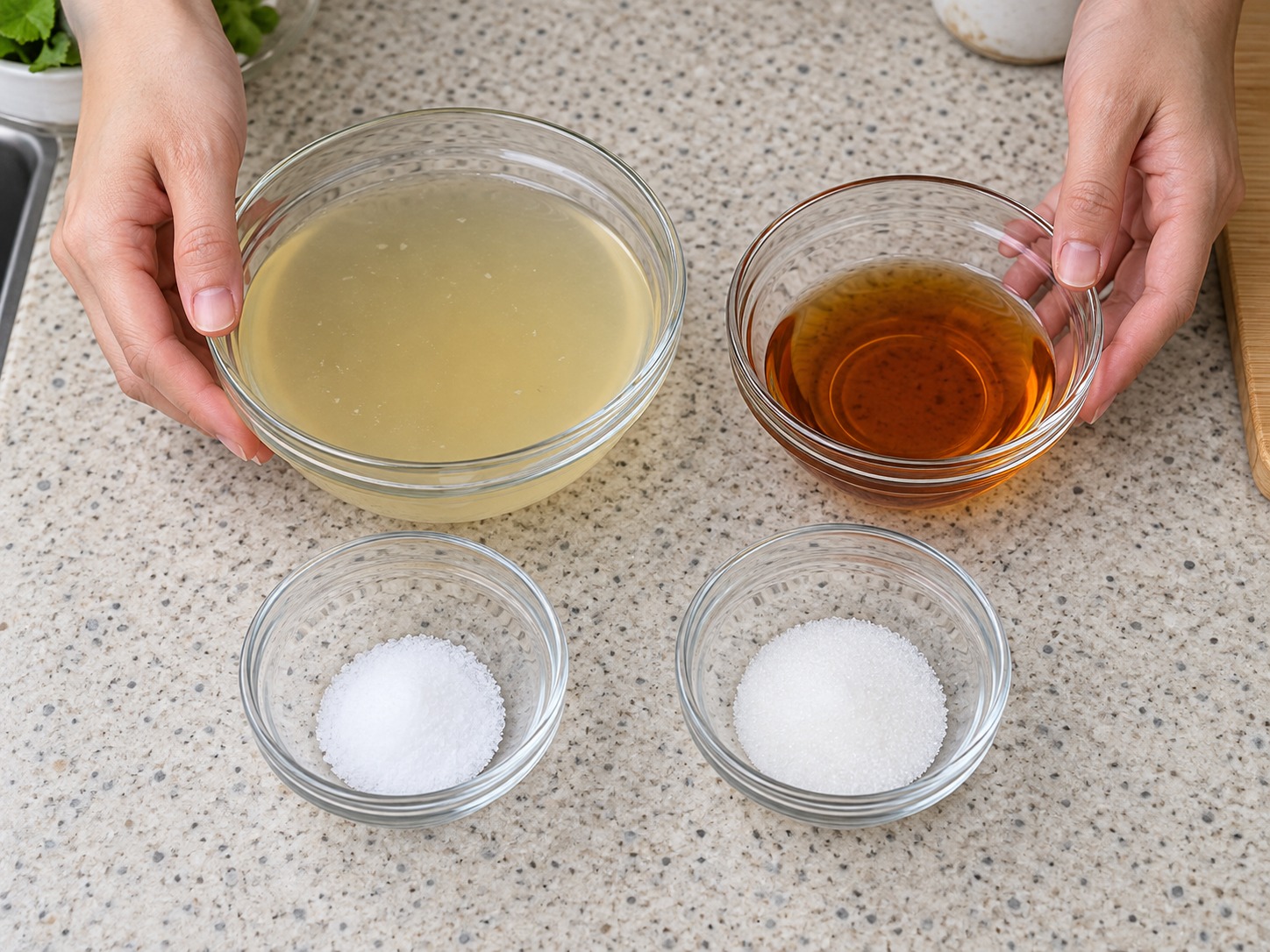 上海醉雞 — 把雞湯、鹽和糖量好，紹興酒留待冷卻後加入