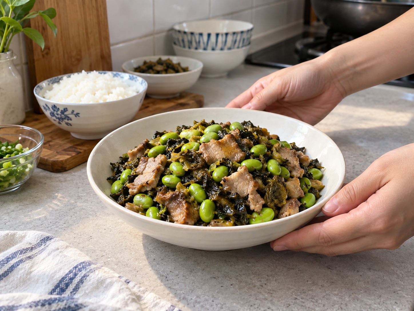 雪菜毛豆炒肉絲 — 完成圖