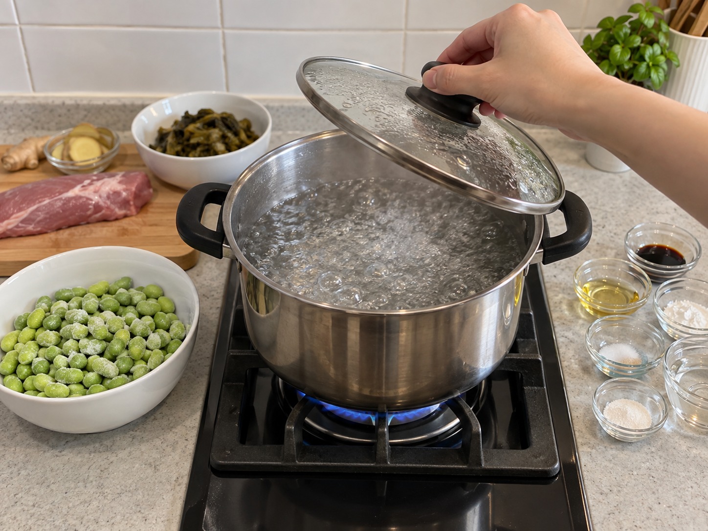 雪菜毛豆炒肉絲 — 毛豆保持冷凍，先燒一鍋清水