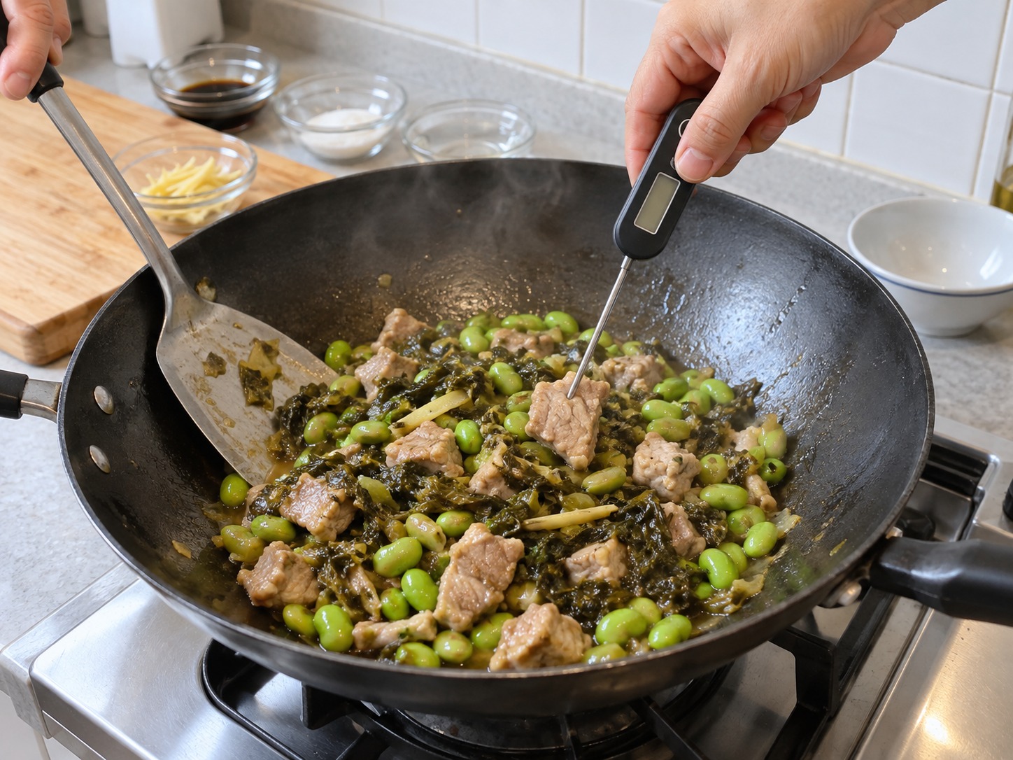 雪菜毛豆炒肉絲 — 確認肉絲完全熟透、毛豆軟熟；有需要再煮
