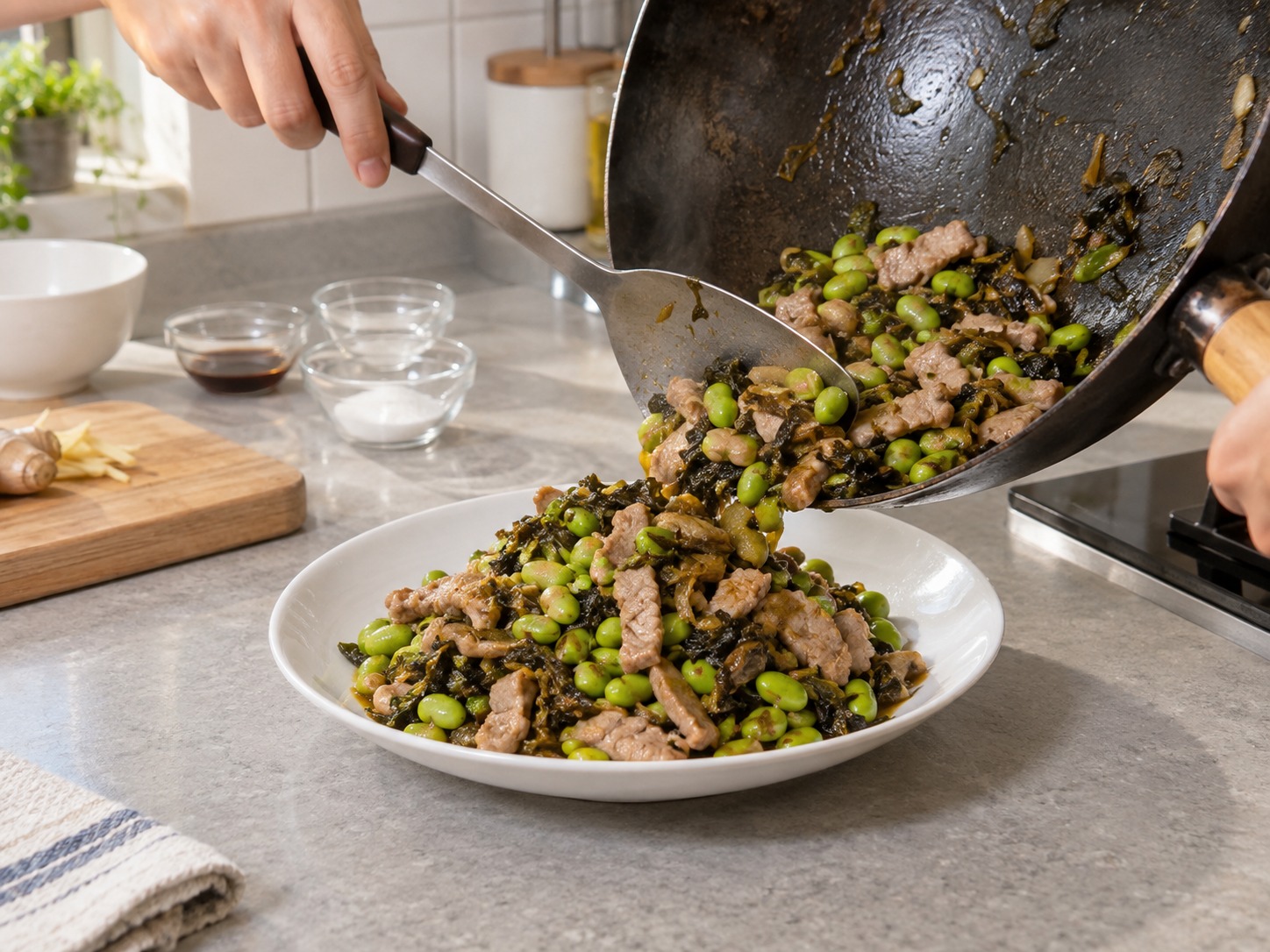 雪菜毛豆炒肉絲 — 待多餘水分收乾即上碟，配家庭主食食用