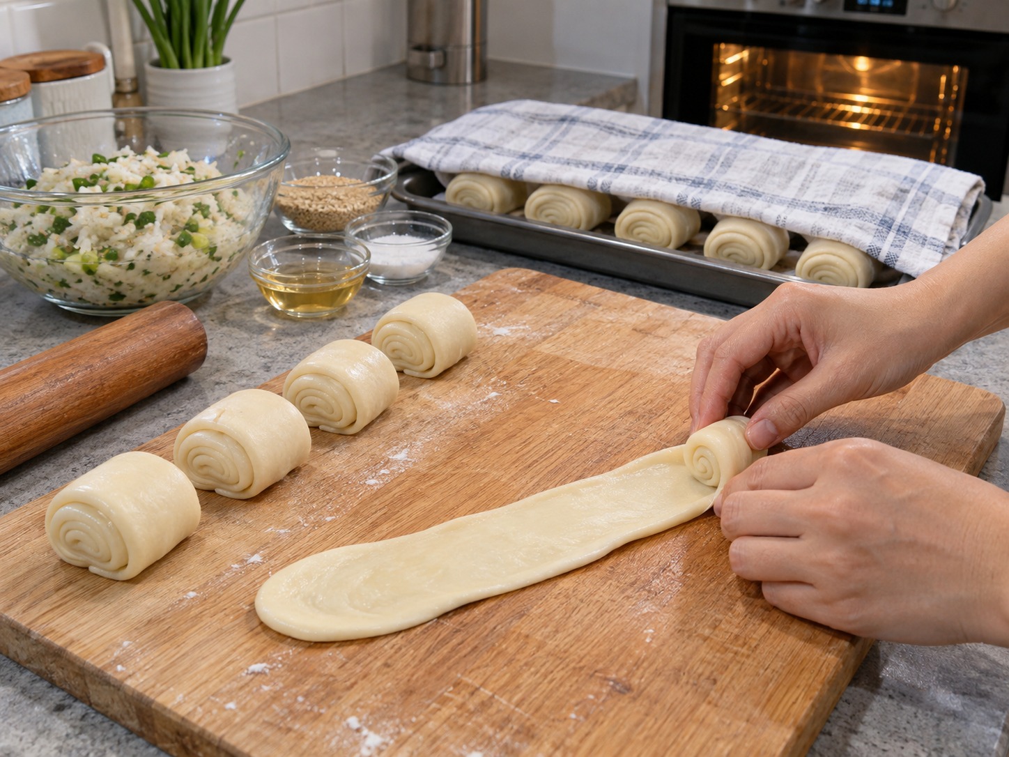 Shanghai Pastry na may Palamang Labanos — Palaparin muli ang rolyo at irolyo ulit; takpan nang sampung minuto habang pinaiinit ang hurno sa 190°C