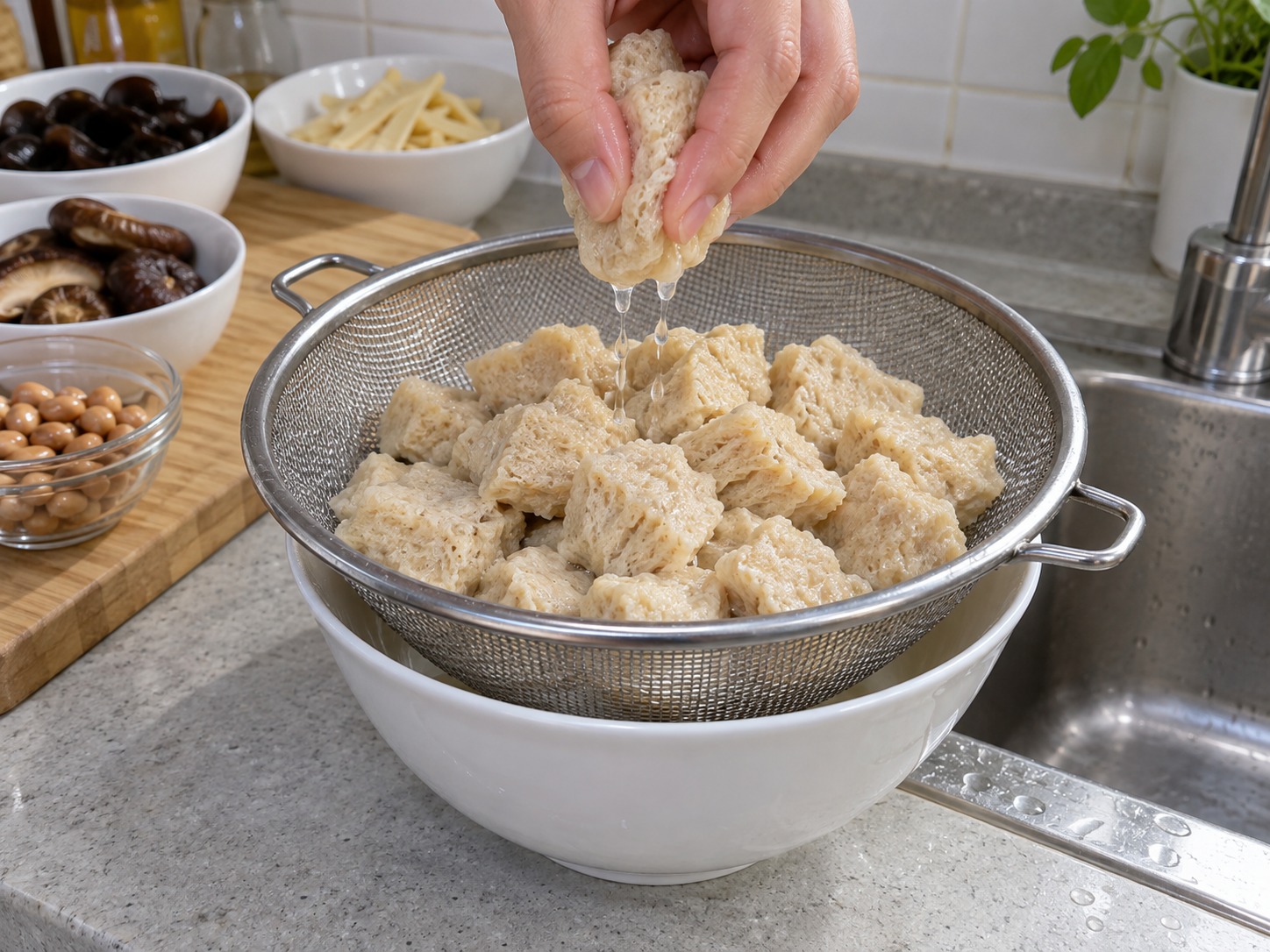 Gluten Gandum Rebus Empat Bahan ala Shanghai — Tiriskan, bilas dingin, lalu peras perlahan