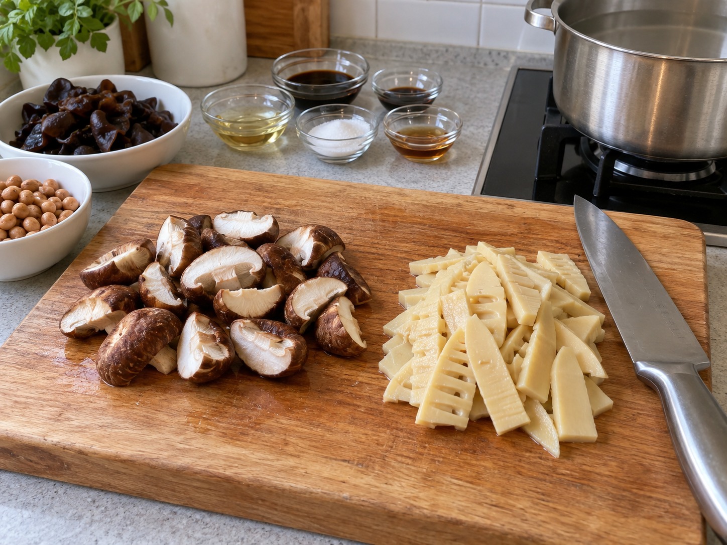Gluten Gandum Rebus Empat Bahan ala Shanghai — Buang tangkai shiitake, belah dua; iris rebung matang
