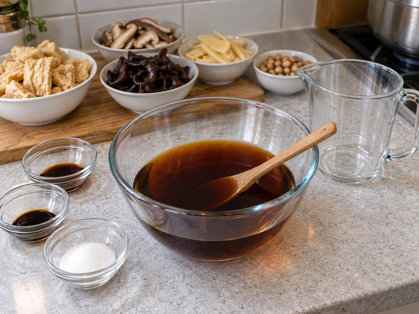 Gluten Gandum Rebus Empat Bahan ala Shanghai — Campur 400 ml air dengan kedua kecap dan gula