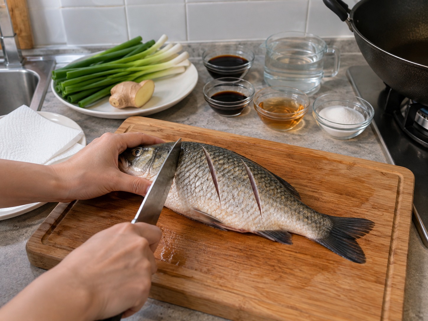 上海蔥烤鯽魚 — 魚去鱗去內臟洗淨,兩面抹乾並各劃兩刀