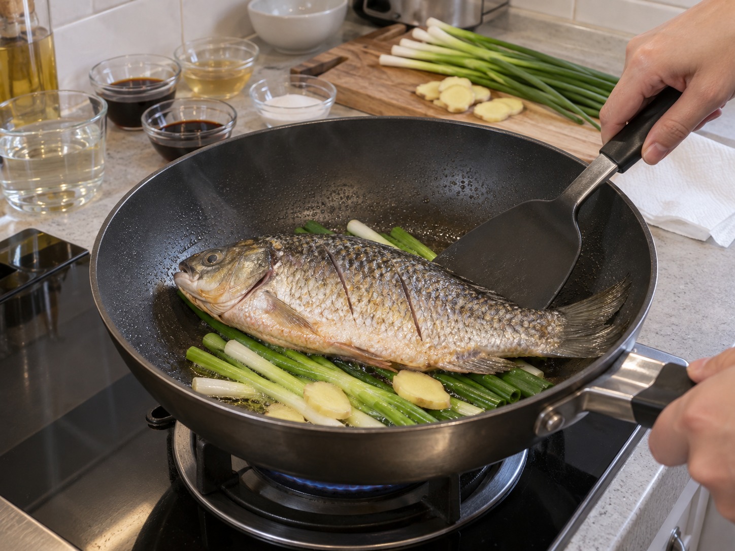 上海蔥烤鯽魚 — 把魚放在蔥段上,中火煎至底面定形