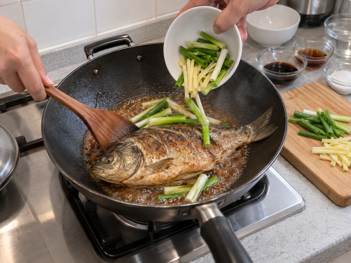 上海蔥烤鯽魚 — 小心翻面,加入薑片和餘下青蔥