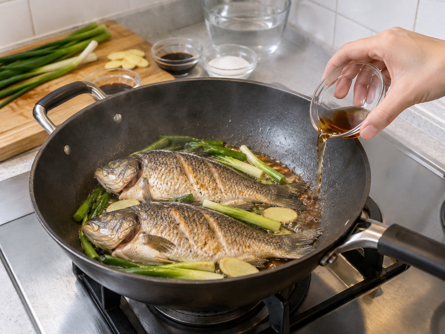 上海蔥烤鯽魚 — 沿鑊邊加入紹興酒