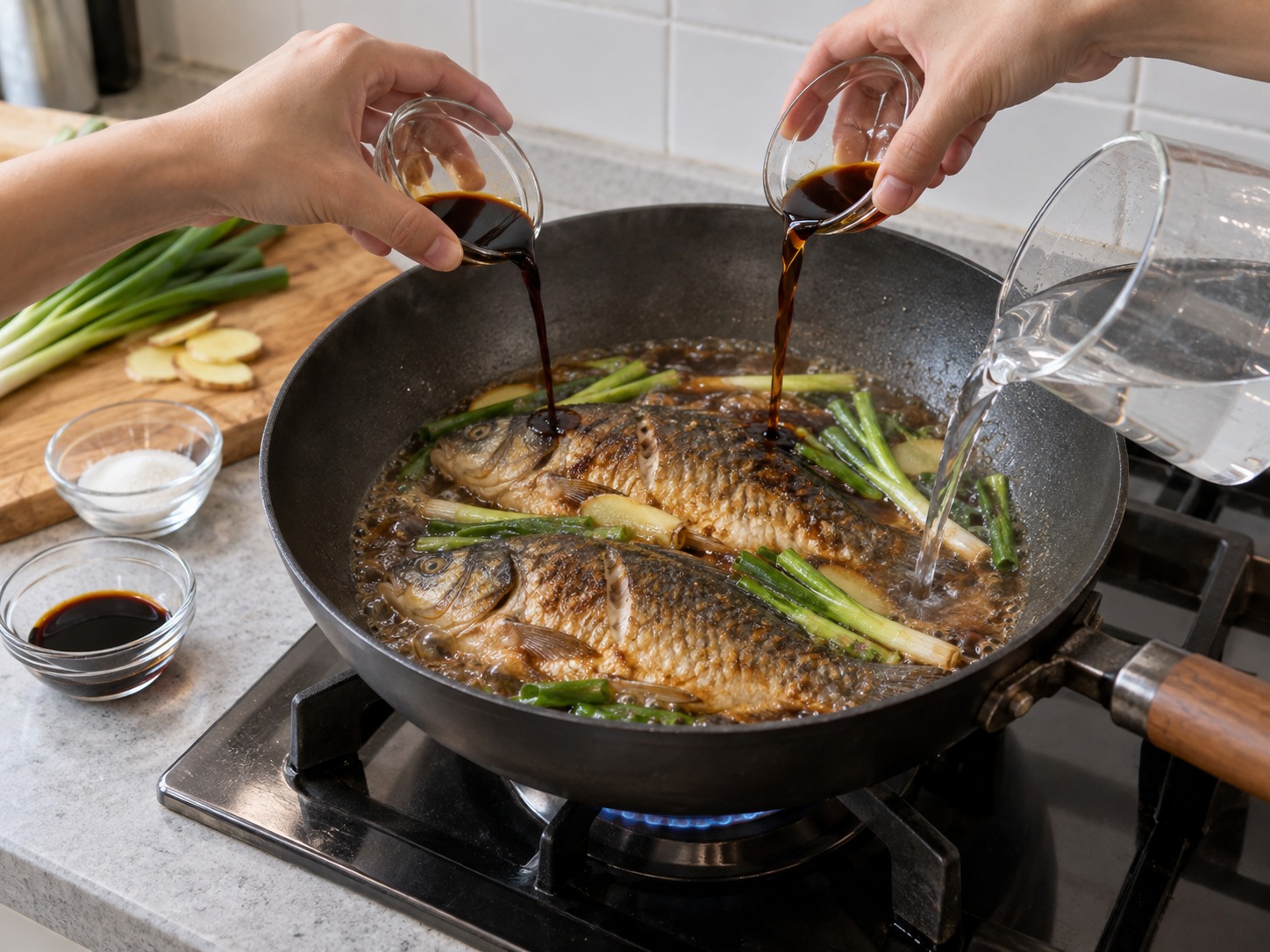 上海蔥烤鯽魚 — 加入兩種豉油、糖和水,煮至微滾